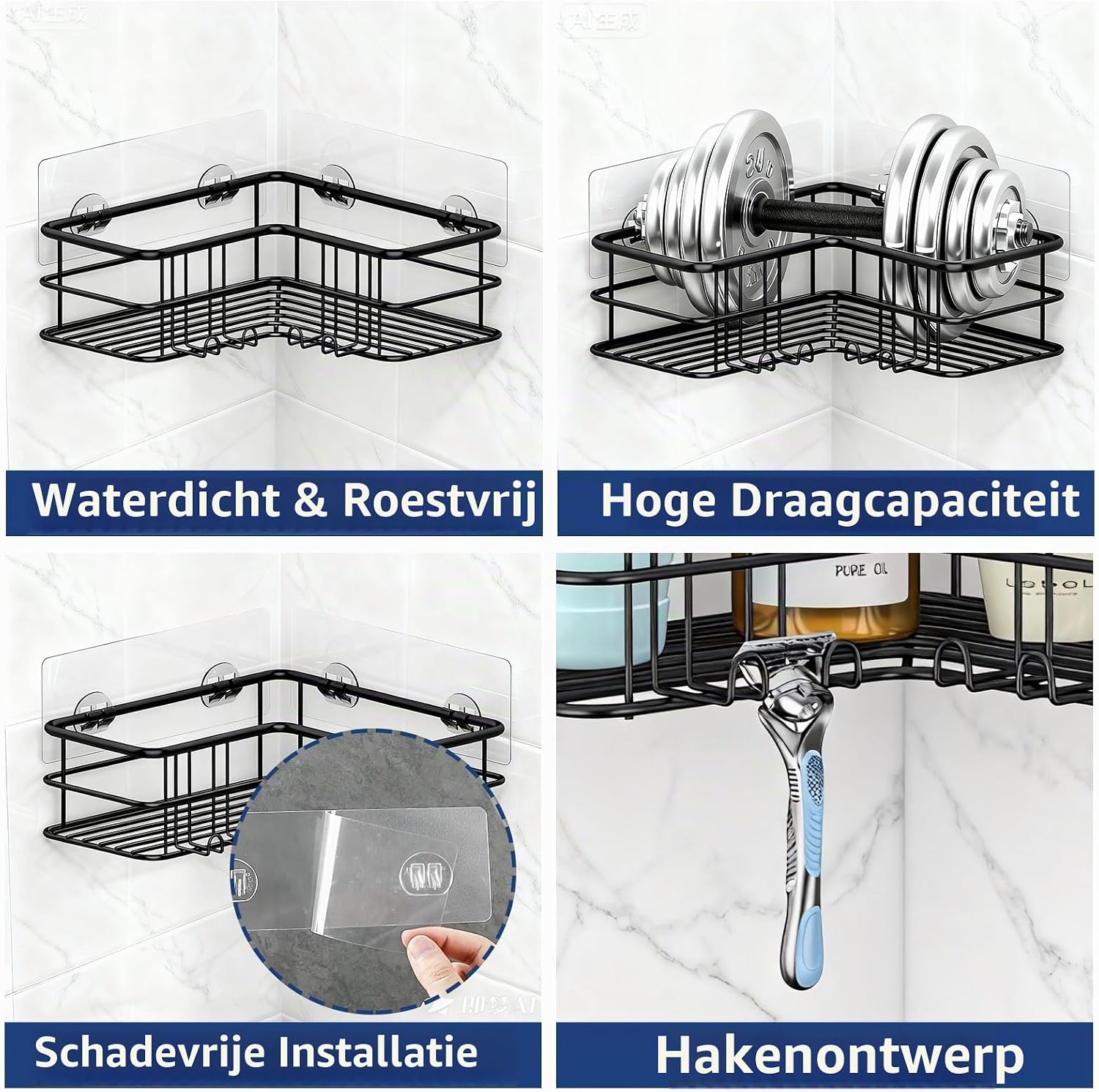 Thumbnail 4 de Menbyci hoekdouchecaddy, 2-delig met 8 haken van 304 roestvrij staal