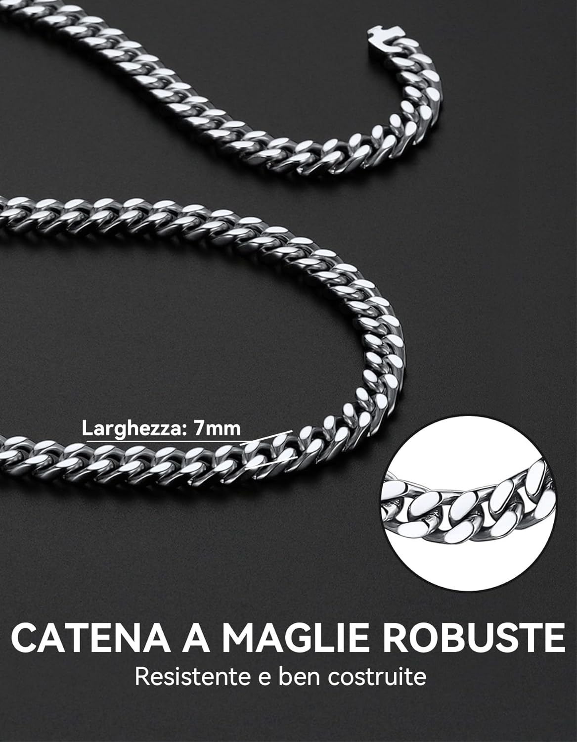Detalle de ChainsHouse Collana Uomo Acciaio a Catena Cubana Spessa – 5/7/9/12 mm, 46–76 cm
