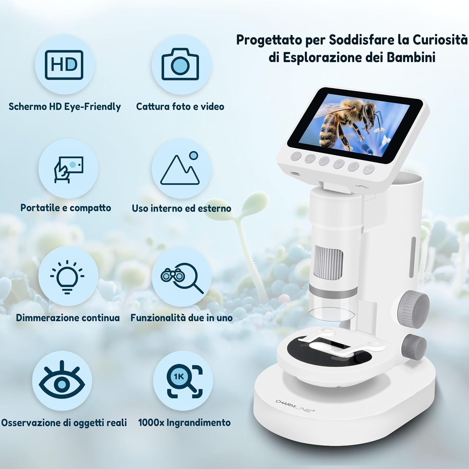 Detalle de Charmline microscopio digitale 3 in 1 per bambini: osservazioni da tavolo o in viaggio, fino a 1000x