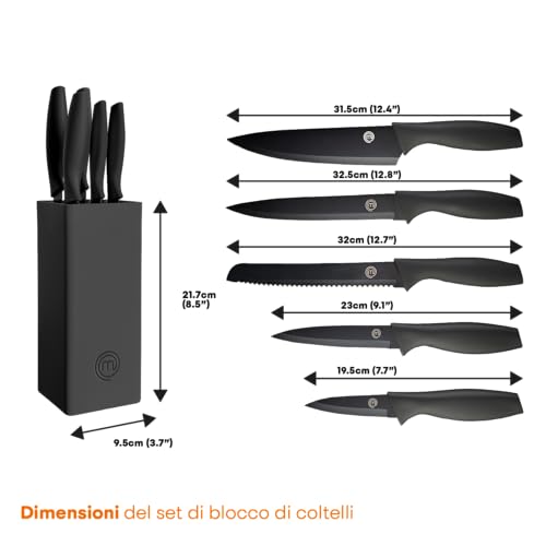 Thumbnail 7 de MasterChef Set Coltelli da Cucina con Ceppo Universale – 5 Pezzi, Lame Affilate, Manici Neri