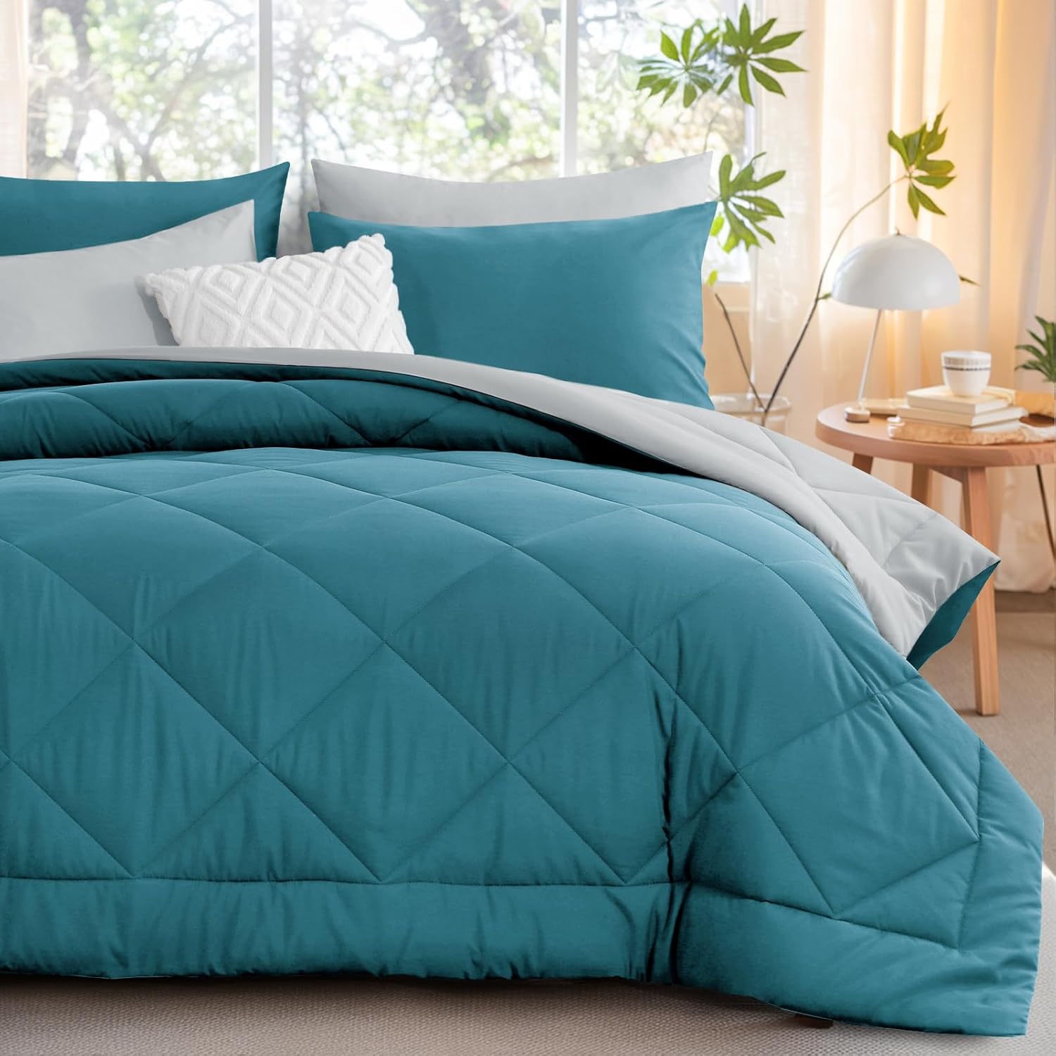 Thumbnail 1 de Aisbo Coverless Duvet King Size 10.5 Tog (230x220cm) Teal/Grey reversible quilt with 2 pillowcases