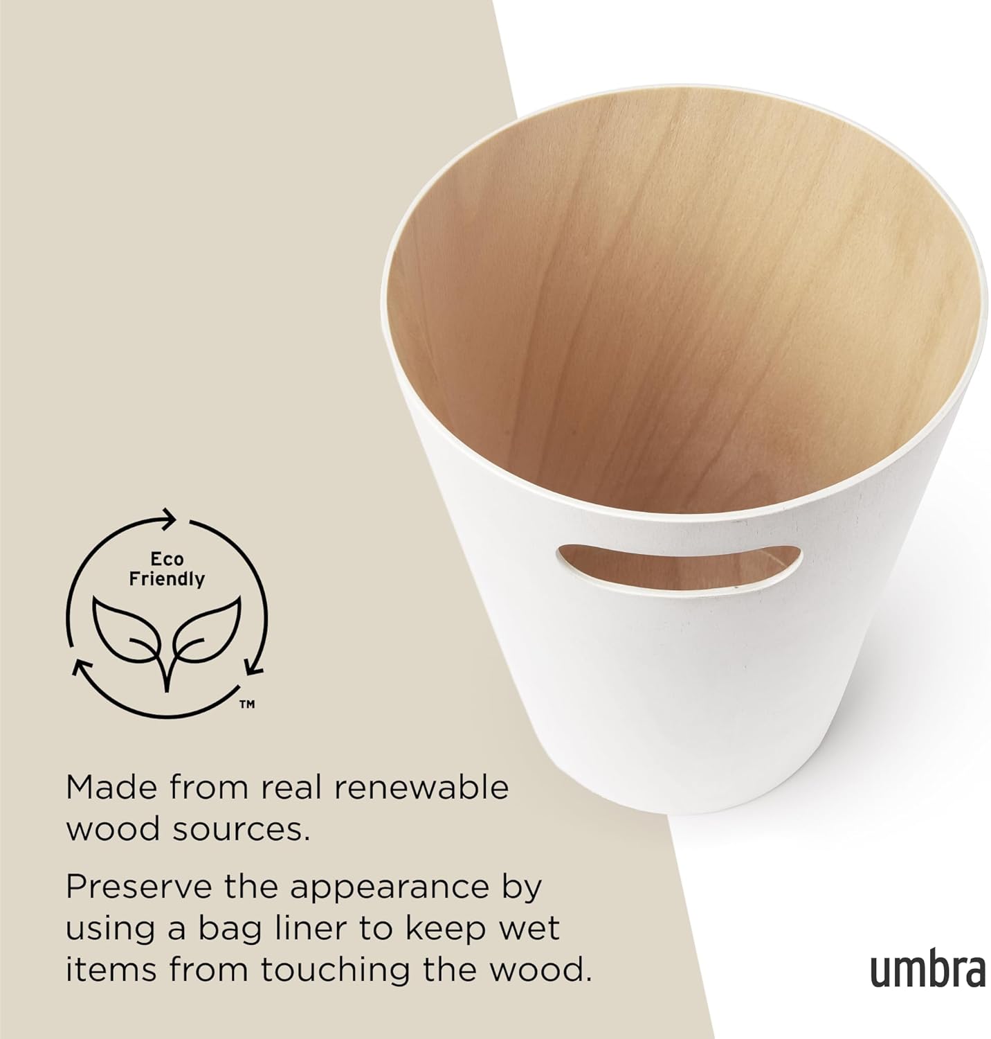 Detalle de Umbra Woodrow Abfalleimer – Zweifarbiger Holzpapierkorb, 7,5 L, Weiss/Natur