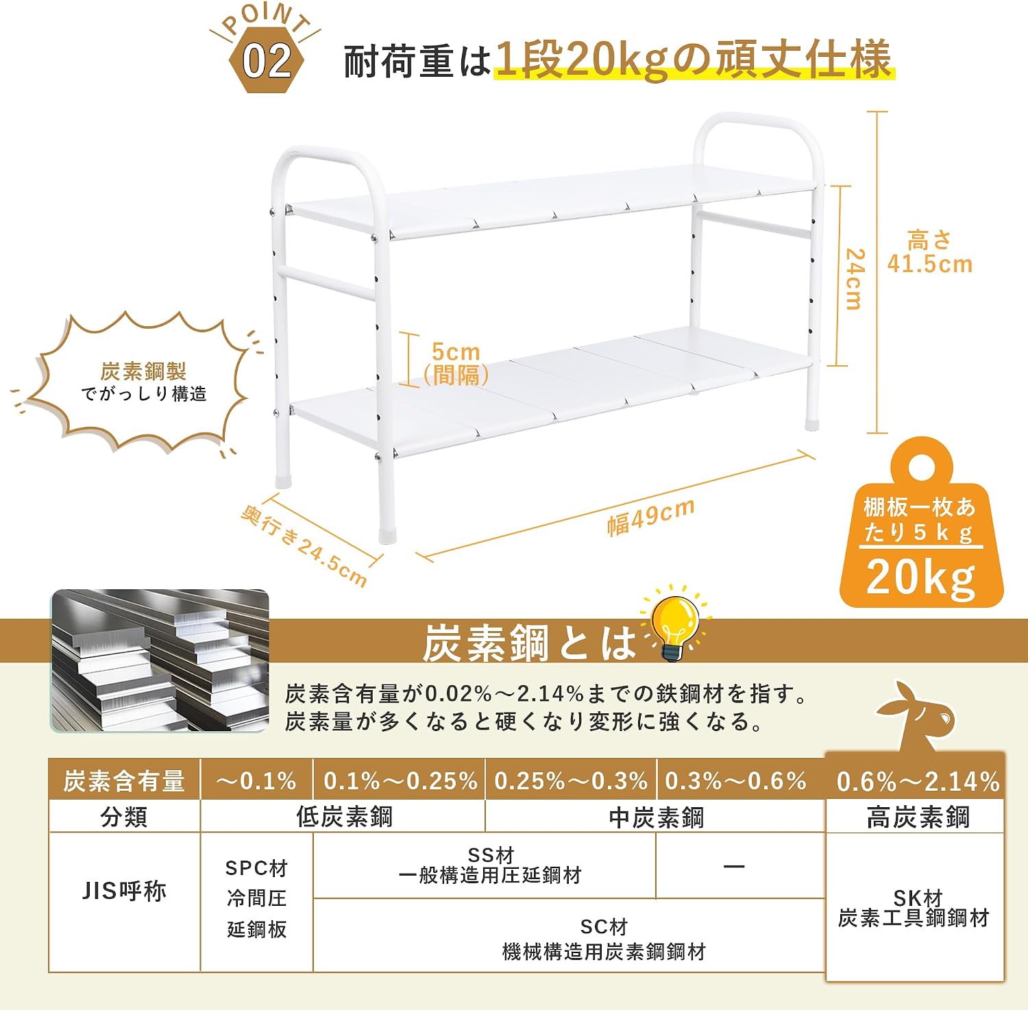 Detalle 2 de チチロバ 23CA004 シンク下収納ラック 2段・幅伸縮式・高炭素鋼・ホワイト