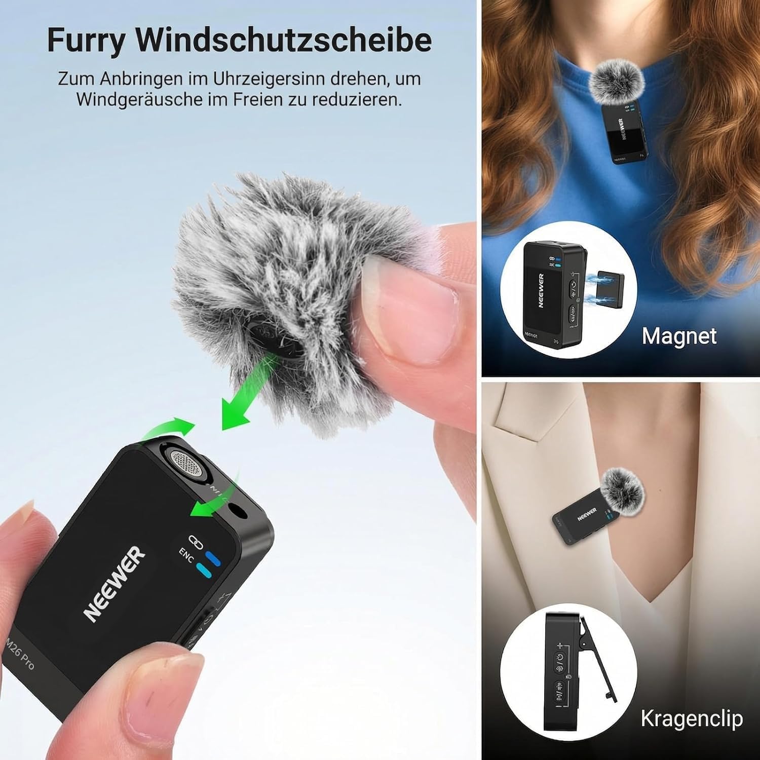 Thumbnail 3 de NEEWER CM26 Pro AI drahtloses Mikrofon (Lavalier) für iPhone, Android, Kamera & PC – mit 2-stufiger AI-Geräuschunterdrückung