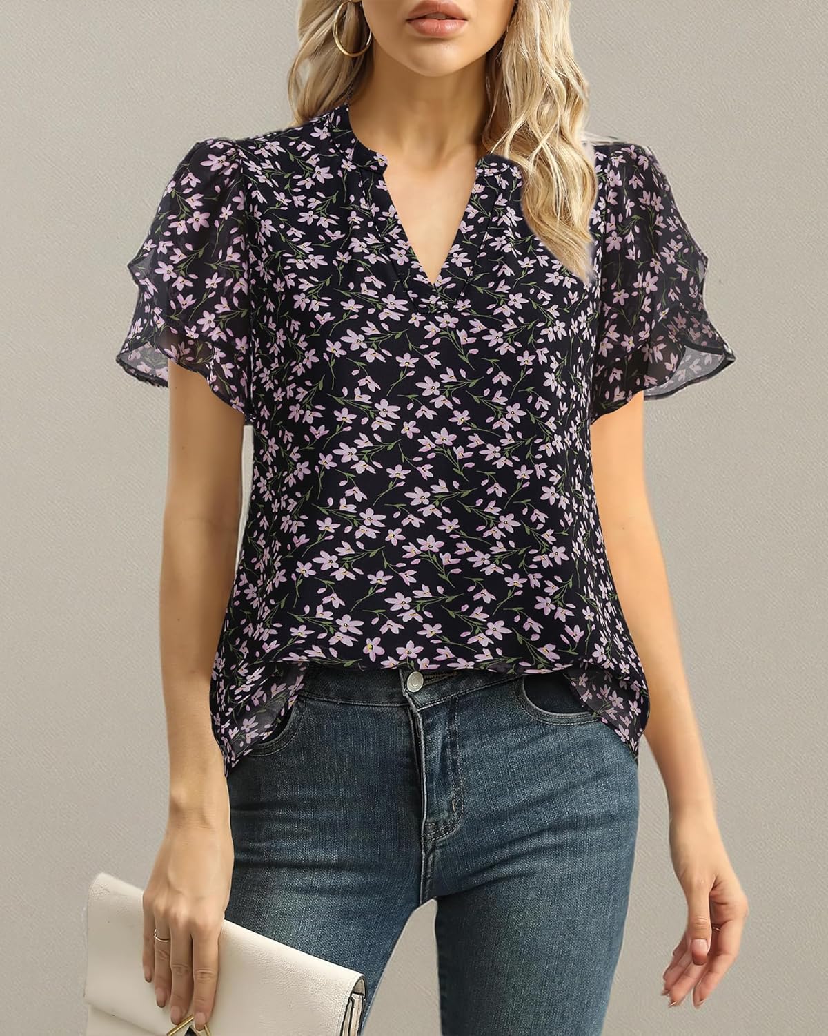 Thumbnail 5 de Lotusmile Women's Dressy Chiffon Blouses: Summer Puff Petal Short Sleeve V-Neck Top
