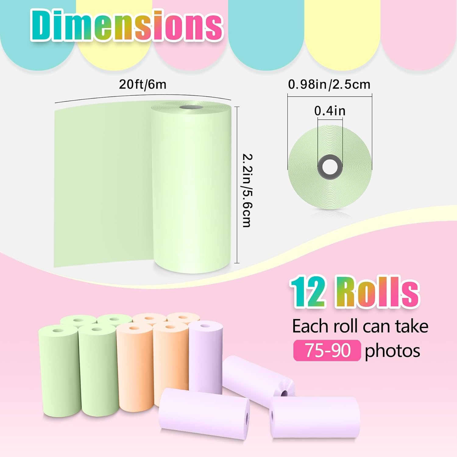 Thumbnail 1 de 12 Rollen Farbpapiere für Hikkon Sofortbildkamera – Farbiges Thermodruckpapier 2,2 in x 20 ft, ca. 75–90 Fotos pro Rolle