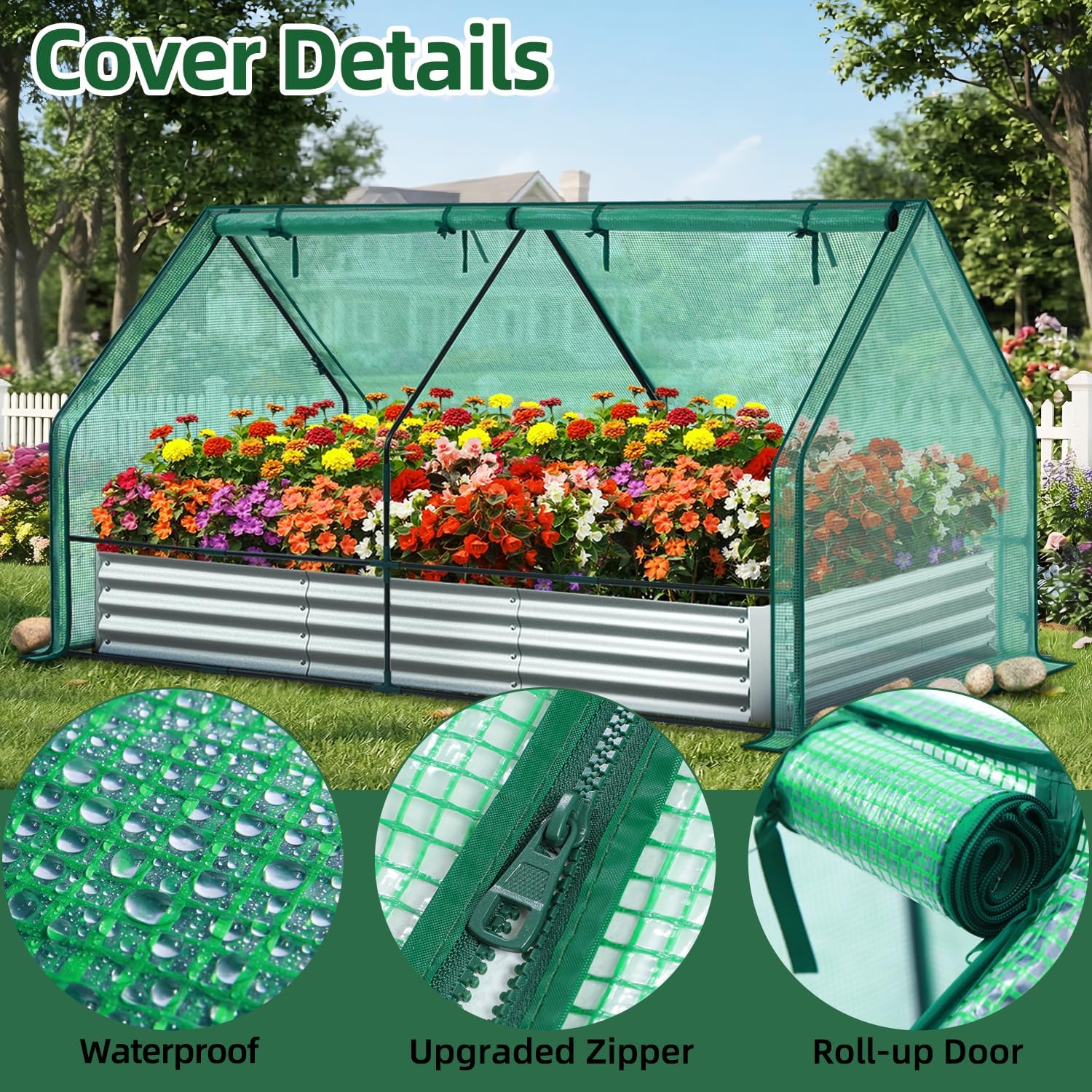 Detalle de Ohuhu GGH-20 Raised Garden Bed with Cover, Galvanized Steel, 8 × 4 × 1 ft