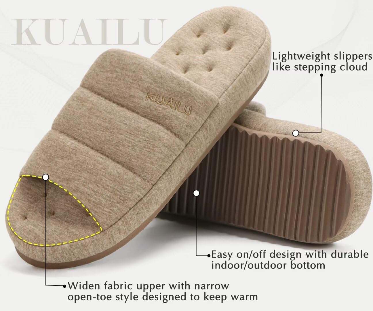 Detalle de KuaiLu Men’s Quilted Cotton-Blend Slippers with Memory Foam, Open Toe & Hard Rubber Sole
