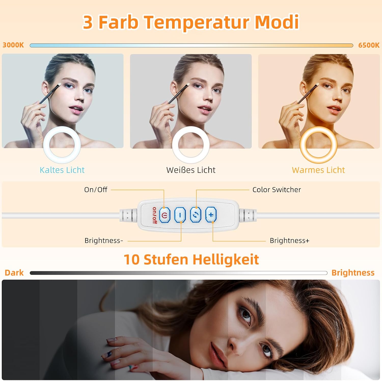 Thumbnail 3 de Evershop 5'' LED-Ringlicht mit Stativ & Handyhalter – 3 Lichtfarben, 10 Helligkeitsstufen, 360° drehbar