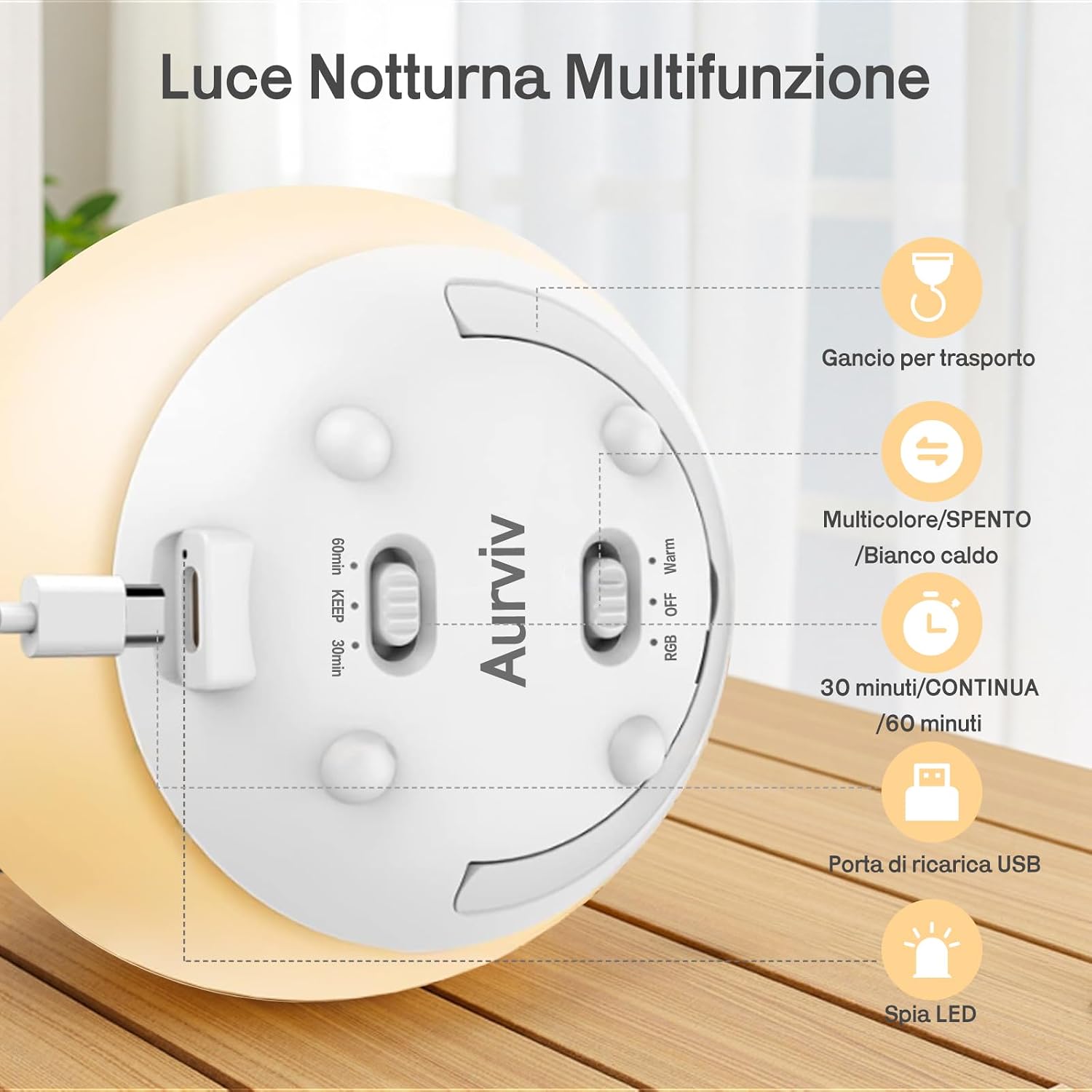 Detalle de Luce notturna in silicone con 7 colori RGB, touch e timer – compagna delicata per la cameretta