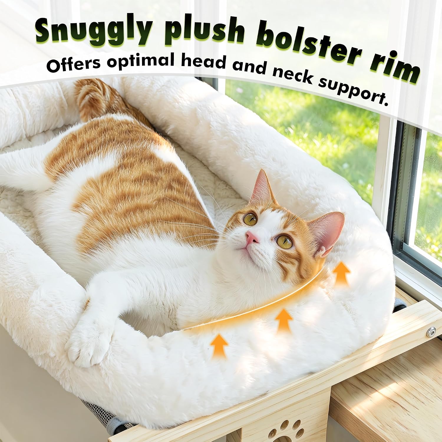 Detalle de AMOSIJOY WSP-70-BED-CA Cat Window Perch, 27.5-Inch Wood Frame, 40 lb Capacity
