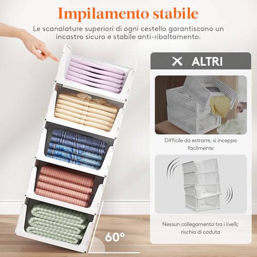 Detalle de Lifewit organizador de armario apilable, 5 cajas deslizantes de 24 L en blanco