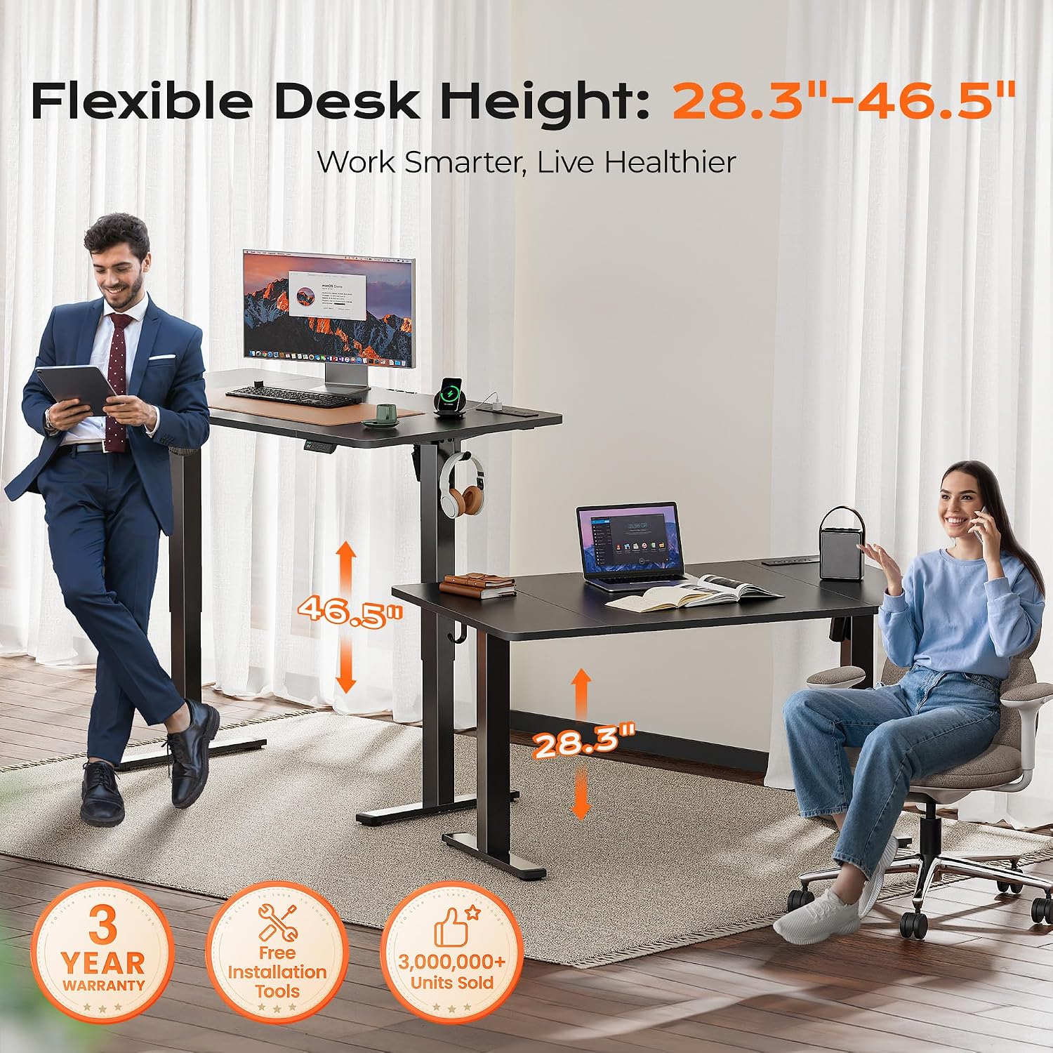 Detalle de Huuger 55 x 28 Large Electric Standing Desk (4 AC Outlets, Type-C, 3 Preset Heights) – Height Adjustable Office Desk, Black
