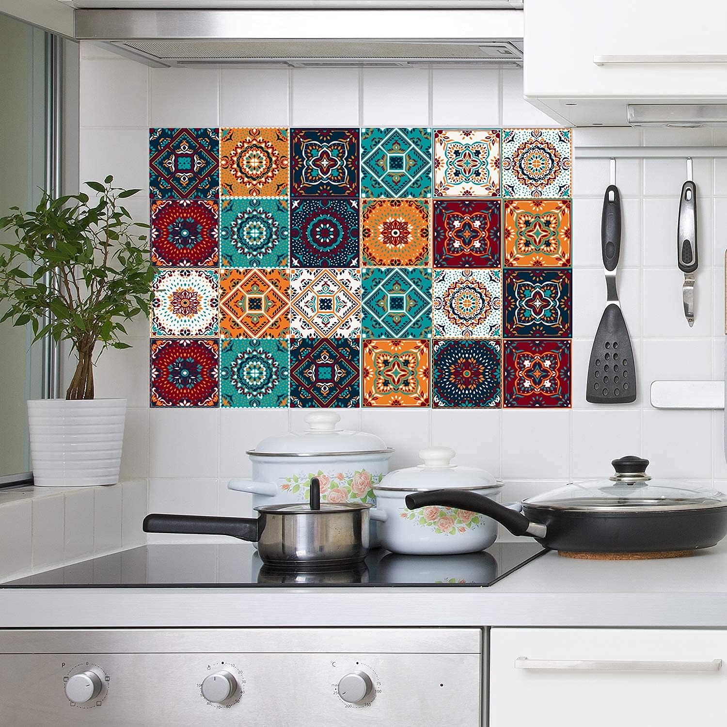 Detalle de KAIRNE 24pcs Moroccan Tile Decal – 15x15cm Peel & Stick Mosaic Tiles for Kitchen, Bathroom & Living Spaces