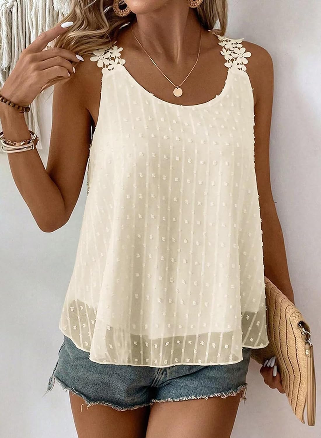 Thumbnail 3 de Womens Boho Flowy Sleeveless Tank Top with Lace Straps - Casual Crewneck Camisole