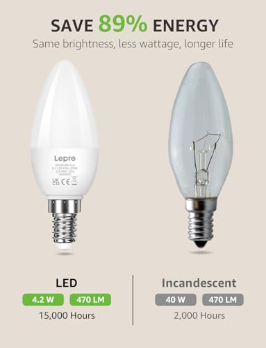 Detalle de Lepro C37 E14 LED Light Bulb, Warm White 2700K – Pack of 6