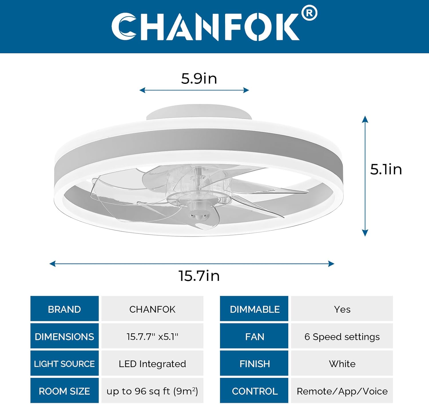 Detalle de CHANFOK 16'' Smart Ceiling Fan with Light and Remote (White)