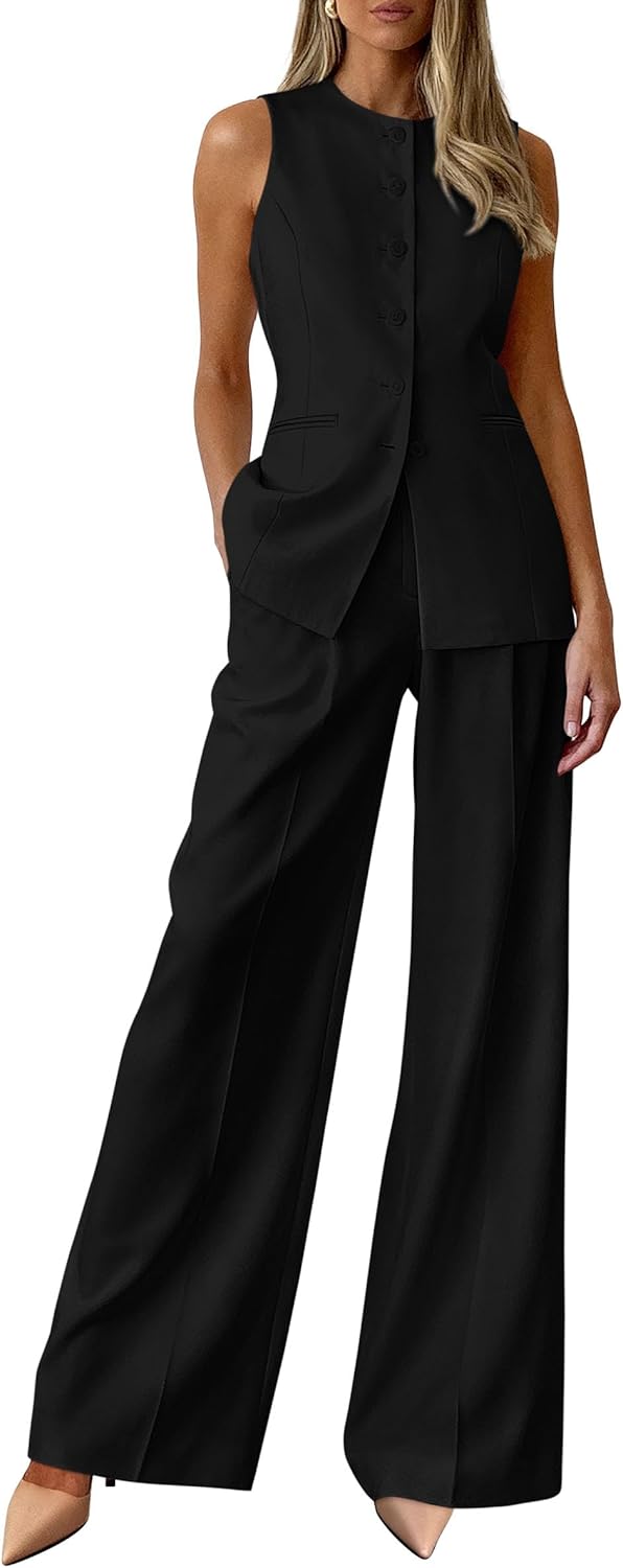 Detalle de PRETTYGARDEN Women's 2 Piece Sets: Sleeveless Blazer Vest + Wide-Leg Pants, Spring/Summer Business Casual