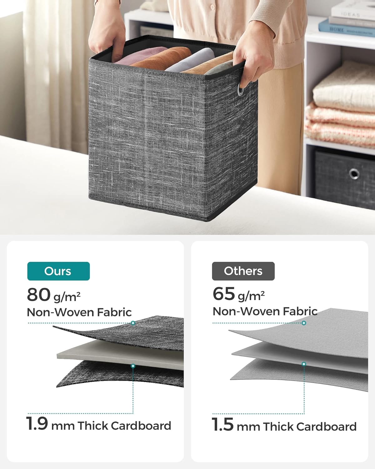 Detalle 2 de SONGMICS Storage Boxes Set of 6: Non-Woven Fabric Cube Boxes with Handles, 26 x 26 x 28 cm (Heathered Black) RFB026B01