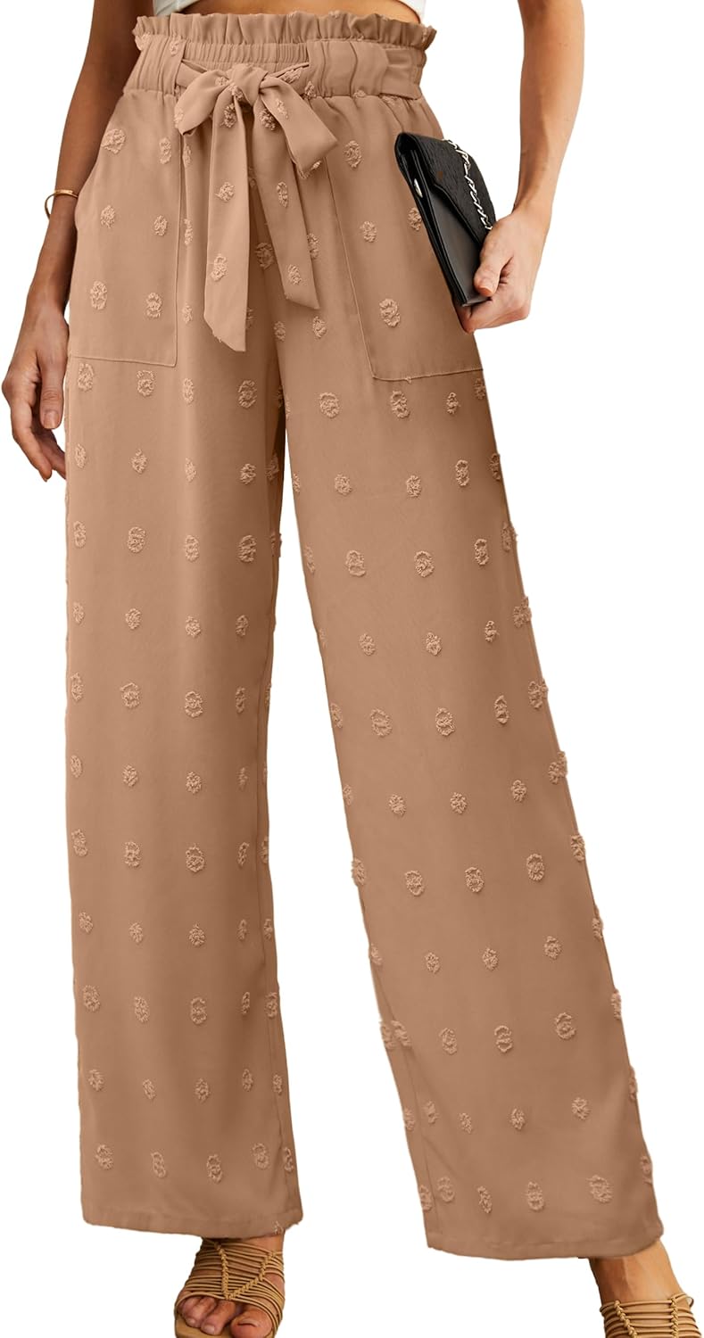 Detalle de IWOLLENCE Women's Wide Leg Pants with Pockets: High Waist Knot Tie & Loose Casual Style