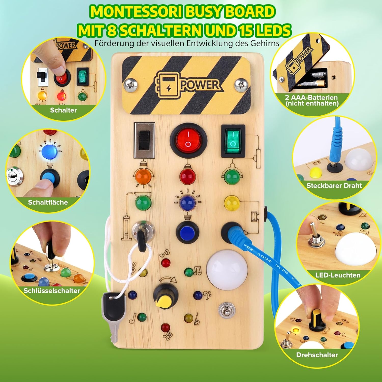 Detalle de Hoarosall Montessori Busy Board mit LED-Lichtschalter – Motorik- und Sensorik-Spielzeug aus Holz ab 1 Jahr