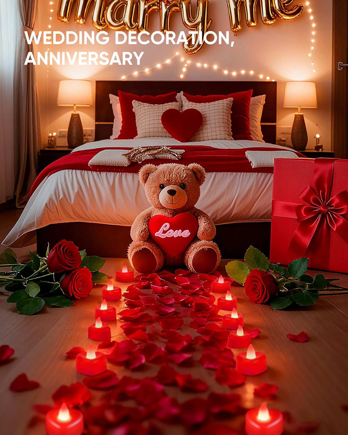 Thumbnail 5 de Homemory 2000 artificial rose petals with 24 red heart flameless battery tealights