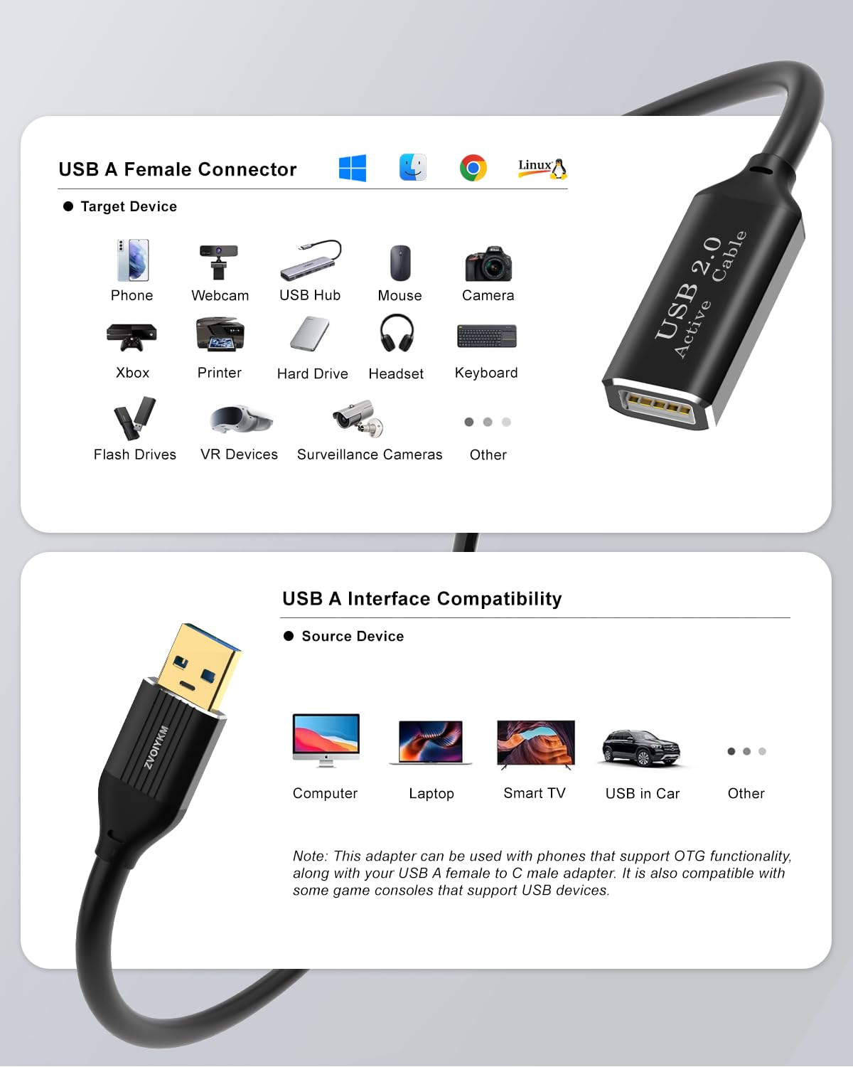 Thumbnail 6 de ZVOIYKM Active USB 2.0 Extension Cable 20m (65ft) with Built-in Repeater