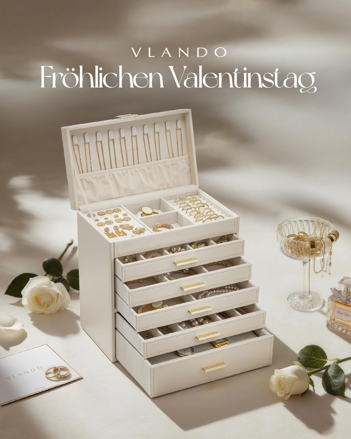 Detalle de Vlando Modern Joyero Grande: organización elegante con 6 niveles y 5 cajones extraíbles