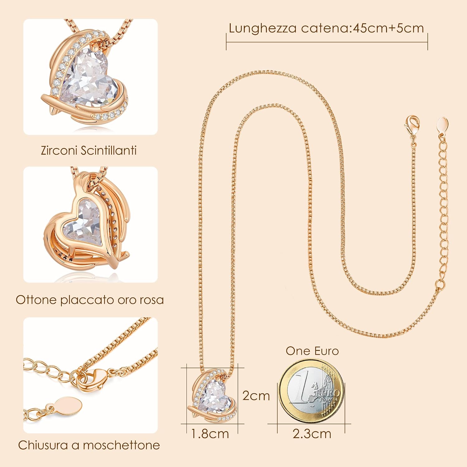 Thumbnail 2 de CDE Collana Delle Donna Cuore, Oro Rosa con Cristallo a Cuore – Regalo raffinato