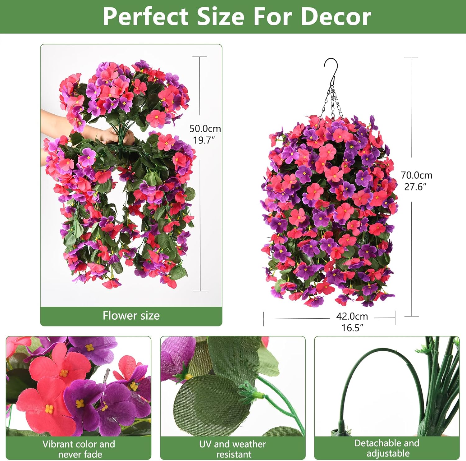 Thumbnail 1 de INQCMY Artificial Hanging Flowers Basket for Outdoor Decor – 4 Faux Begonia in Planter Look (Orchid Rose Red)