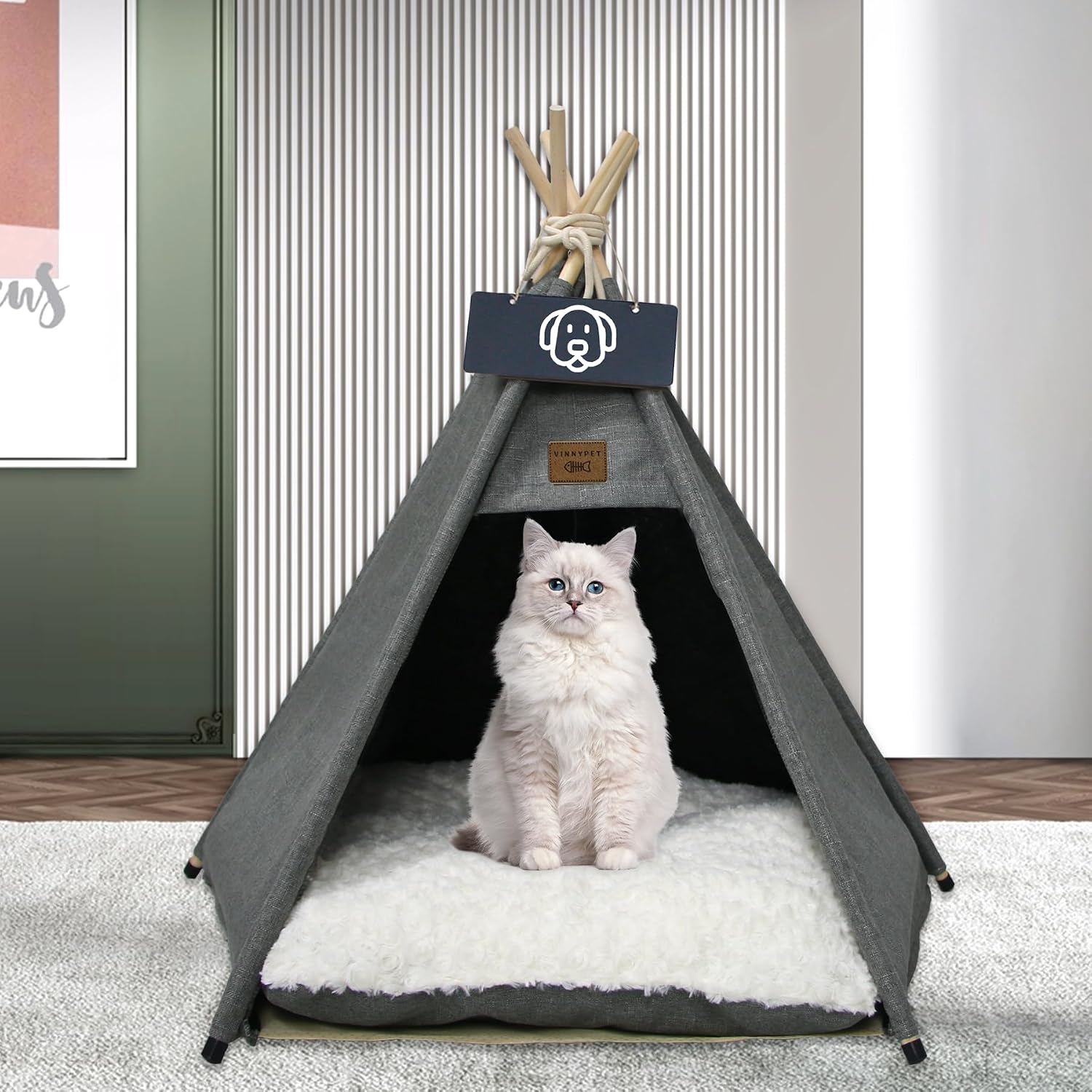 Detalle 2 de Vinnypet Tipi Zelt für Katzen und Hunde – Luxuriöses Haustierzelt mit abnehmbarer, waschbarer Matte 50x50x60 cm