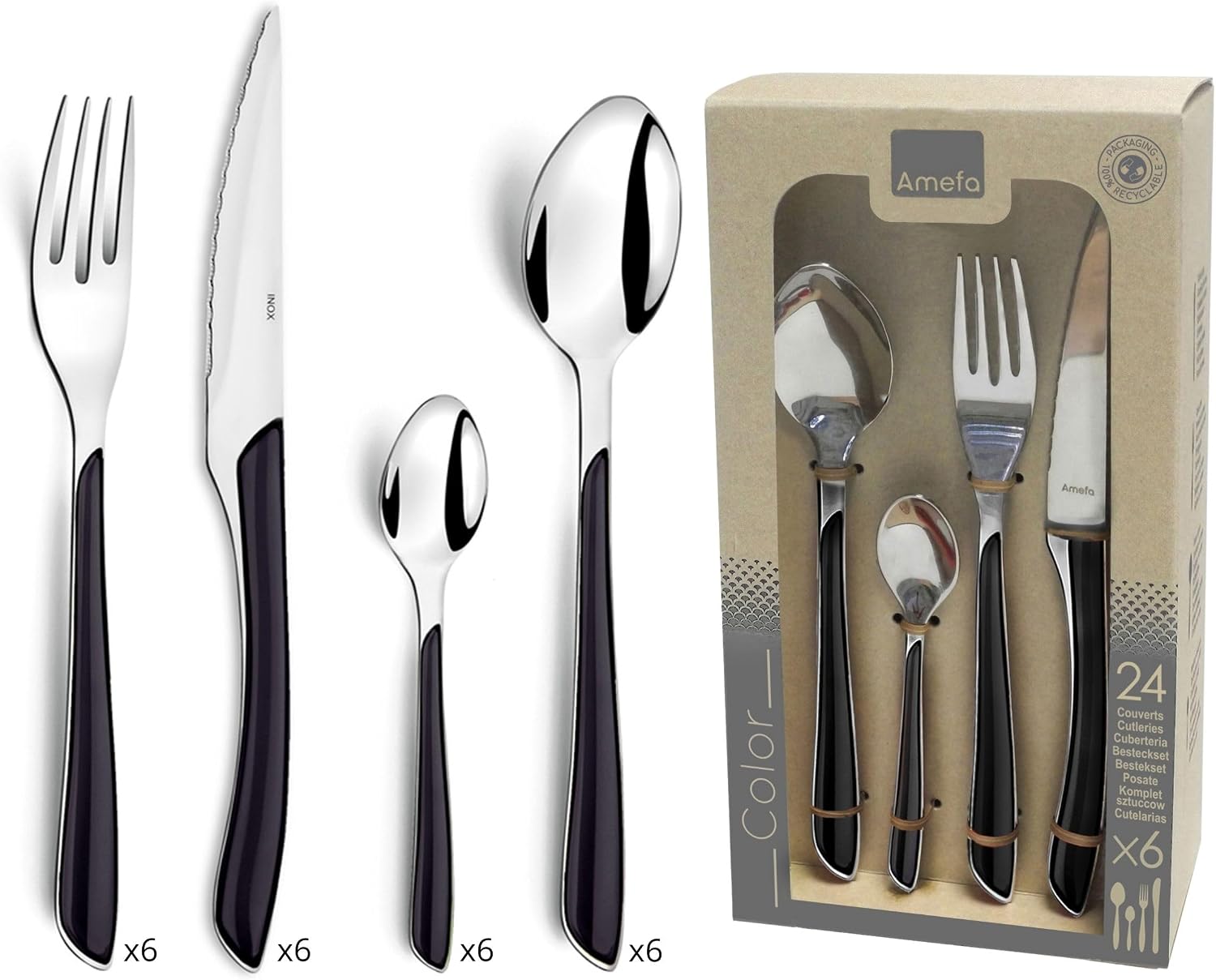 Detalle de AMEFA Ménagère ECLAT Noir – 24 couverts pour 6 personnes (acier inox 18/0, finition brillante)