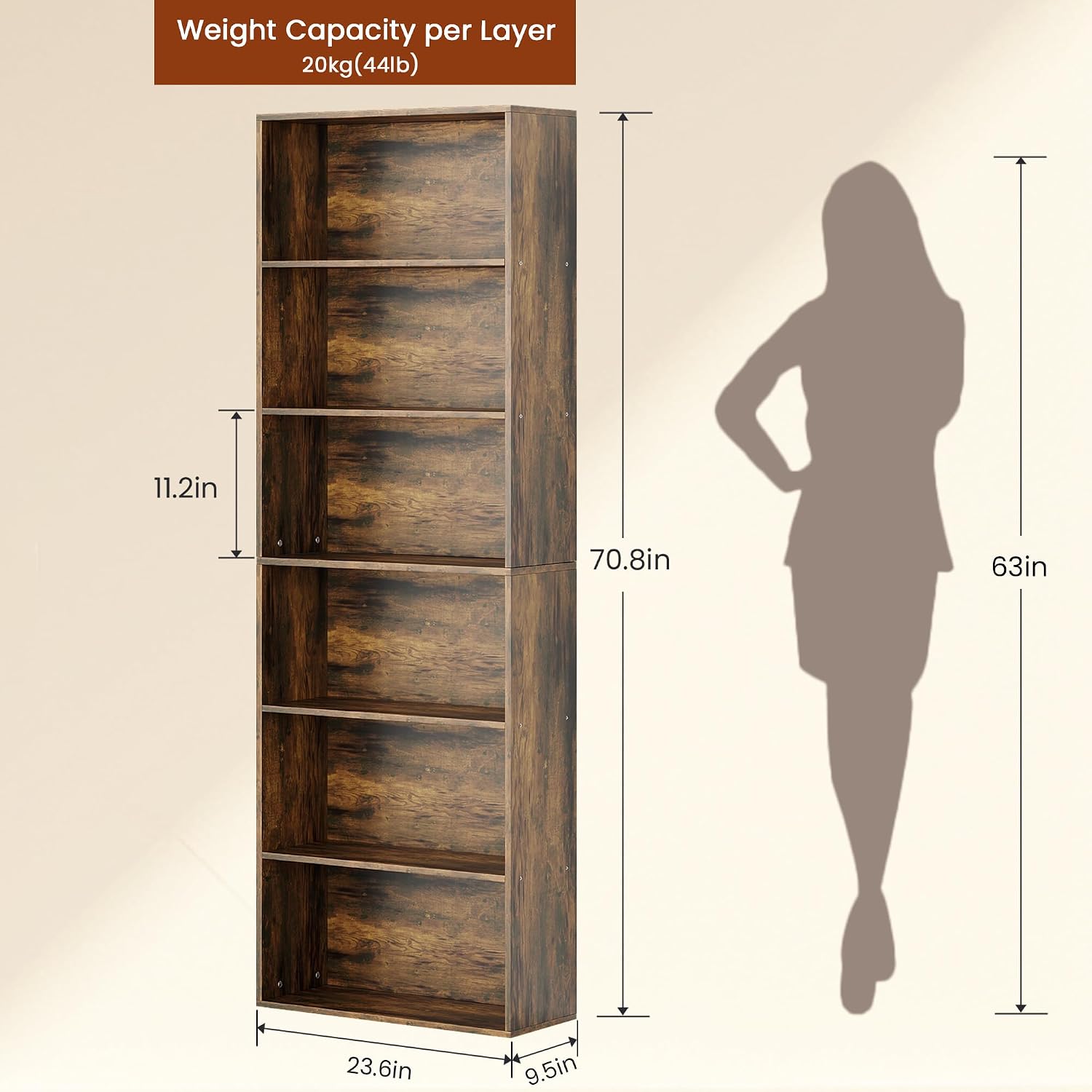 Thumbnail 1 de GRUSIGN SJ-6T-BRN 71-Inch 6-Tier Bookshelf in Brown