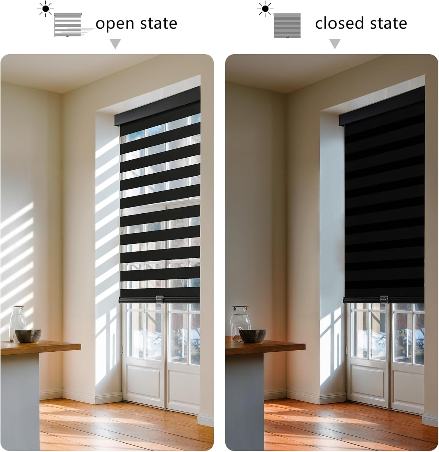 Detalle 2 de AOSKY Cordless Zebra Blinds for Windows (32" W x 72" H, Black) — Dual-Layer Light Filtering & Privacy