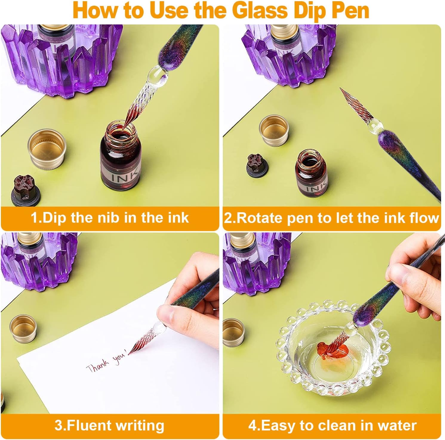 Detalle de OFUN Glass Dip Pen Set: Crystal Glass Dip Pens with 12 Ink Colours