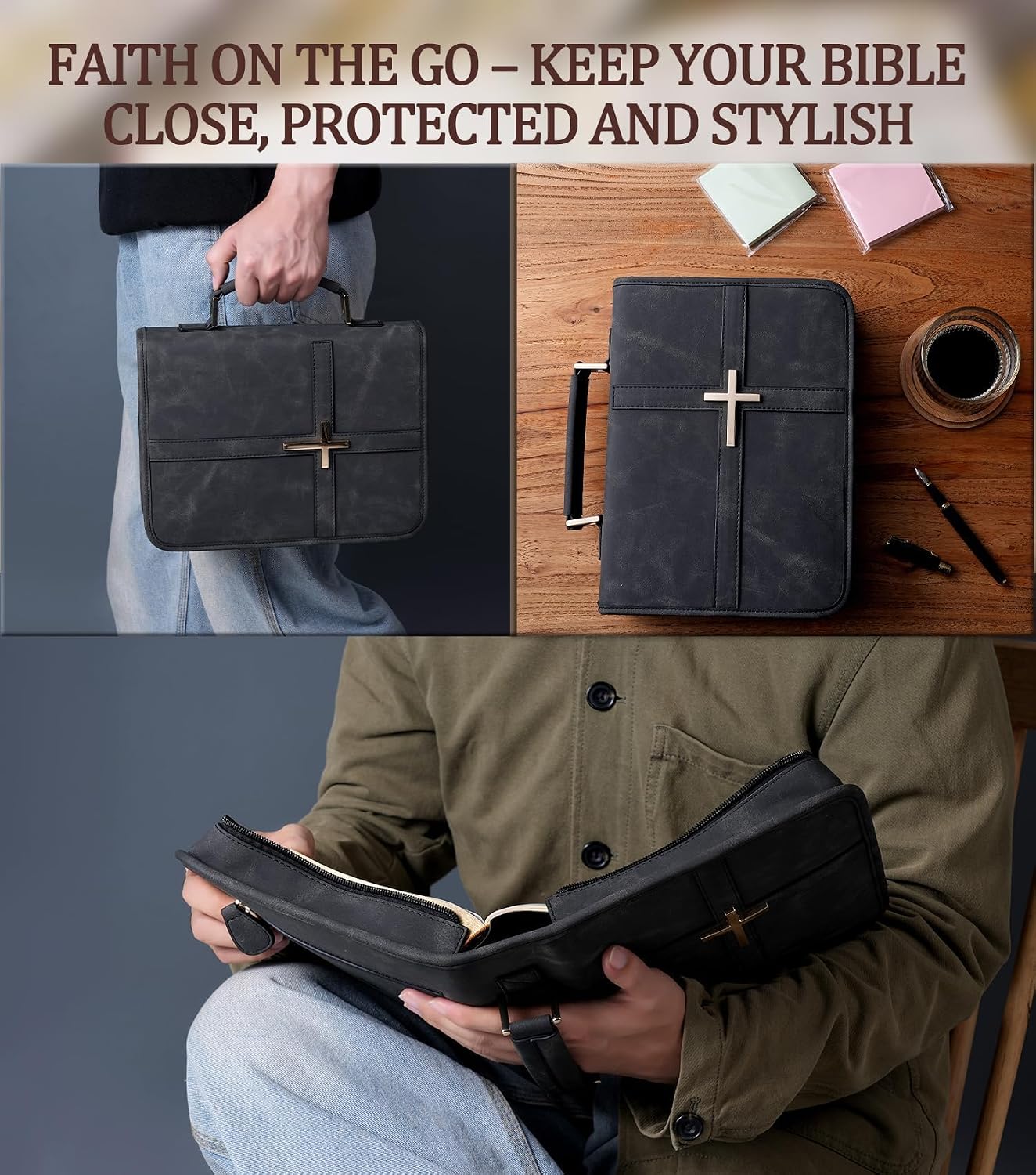 Detalle de Vegan Leather Bible Cover Case with Phone Pocket (Large) – Black Cross Design