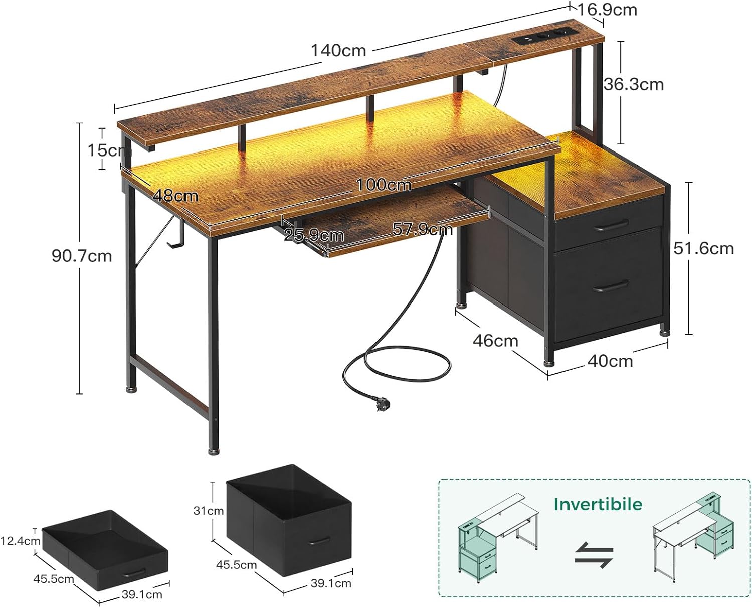 Detalle de Coleshome Scrivania Gaming con LED e Prese, 140x48cm: scrivania reversibile con vassoio tastiera e supporto monitor