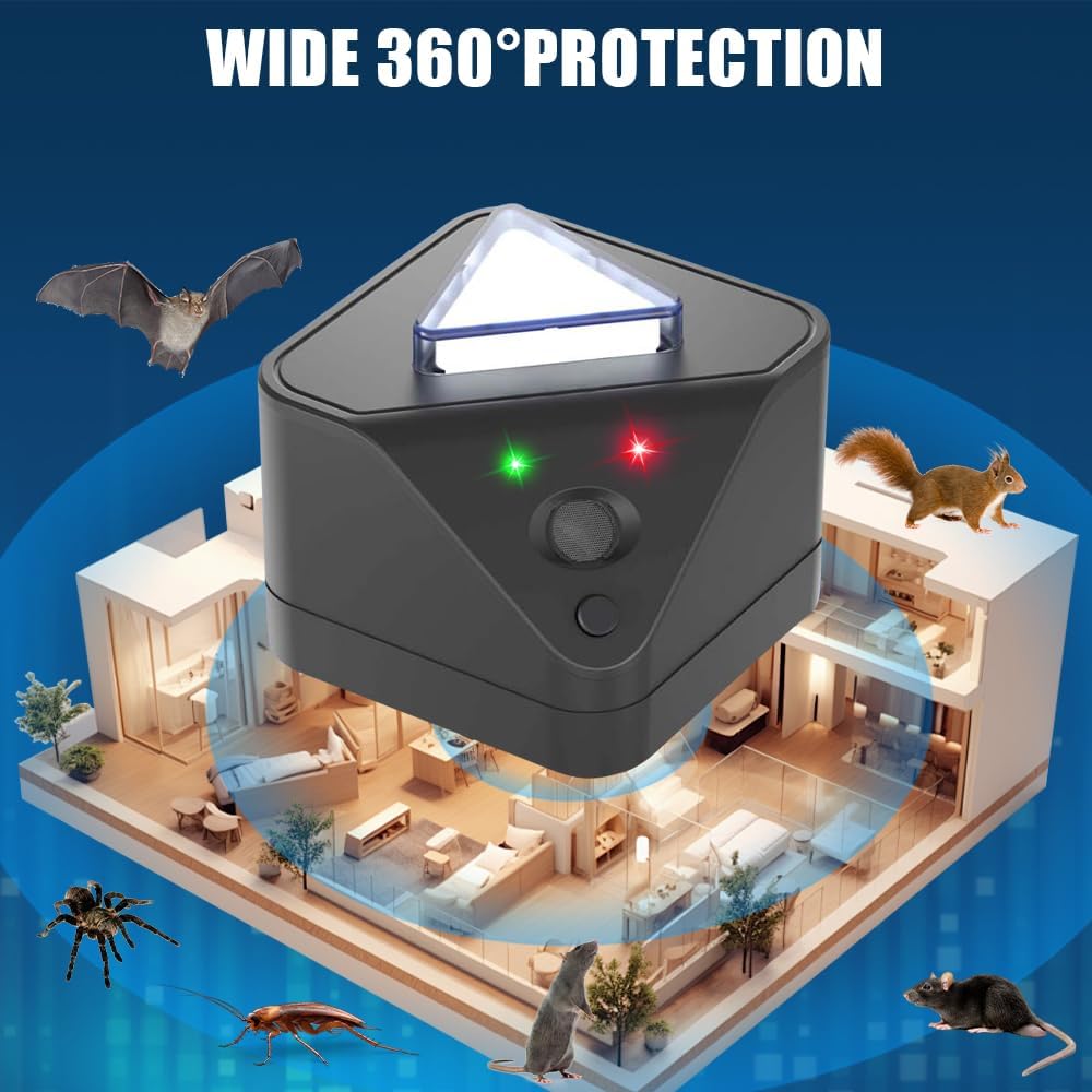 Detalle de HUAJUN 73504 ultrasone muizen- en rattenverjager, 360° en met ledlicht