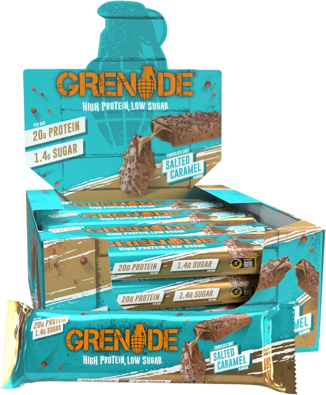 Detalle de Grenade Barre Hyperprotéinée Chocolate Chip Salted Caramel 12 x 60 g 🍫