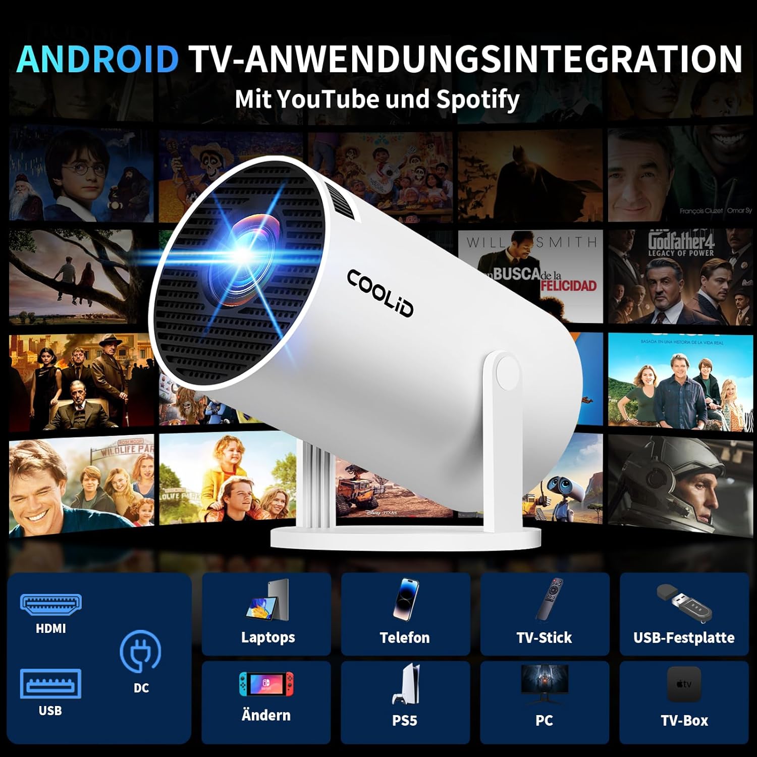 Thumbnail 2 de Tragbarer Mini-Beamer mit 4K/1080p, WiFi 6 & Bluetooth 5.4 – 1.400 Lumen, 180° drehbar, Weiß