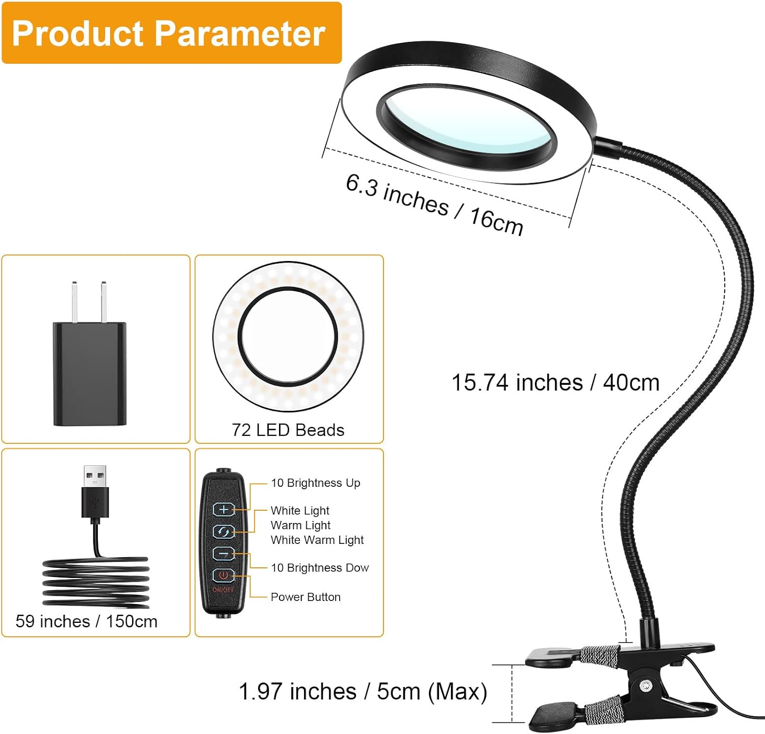 Detalle de iVict iVi005 10X Magnifying Lamp with Clip, 72 LEDs and Flexible Gooseneck