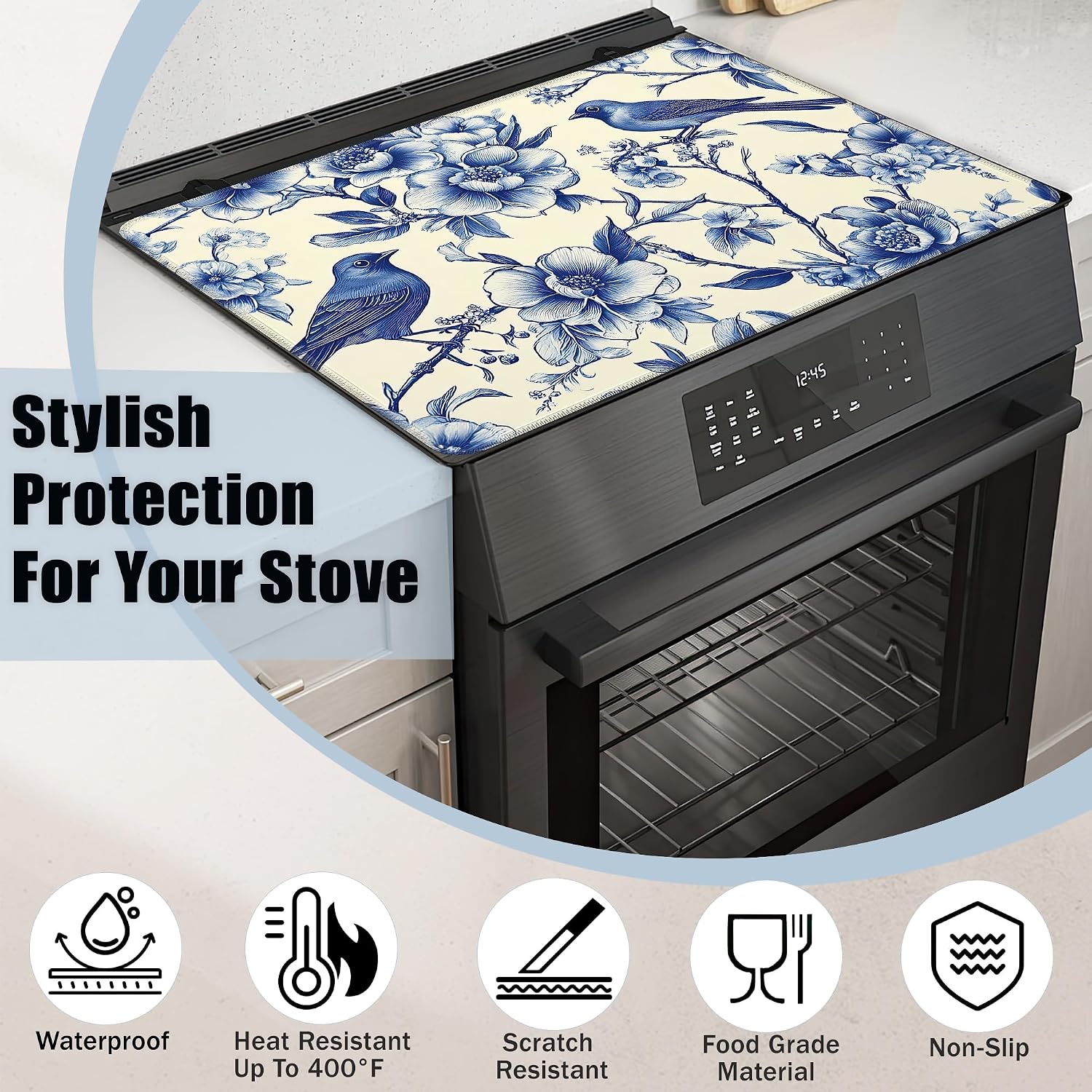 Detalle de YIKTI Blue Bird Stove Top Cover, 28 x 20-Inch Heat-Resistant Rubber Mat