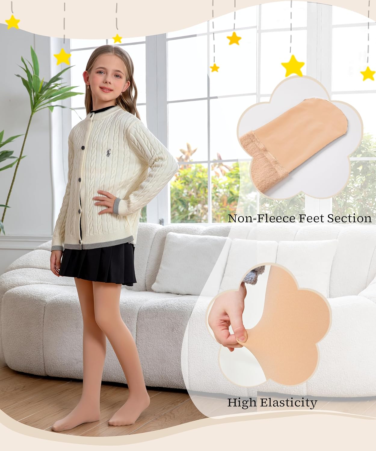 Detalle de Hiltzo Girls’ Fleece-Lined Winter Tights, Thick, Stretchy and Faux-Translucent