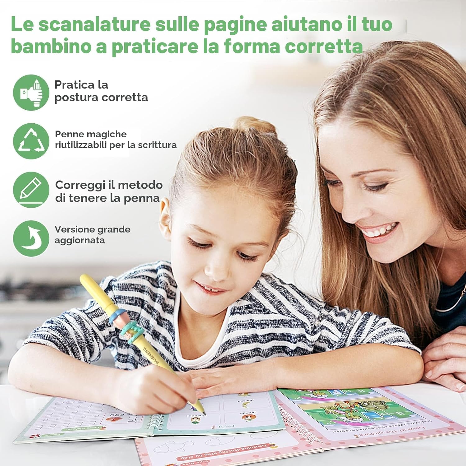 Detalle de Quaderni di Esercizi per Scrittura Magica – Set 4 in 1 con Penna Magica Riutilizzabile, 25,9×18,3 cm