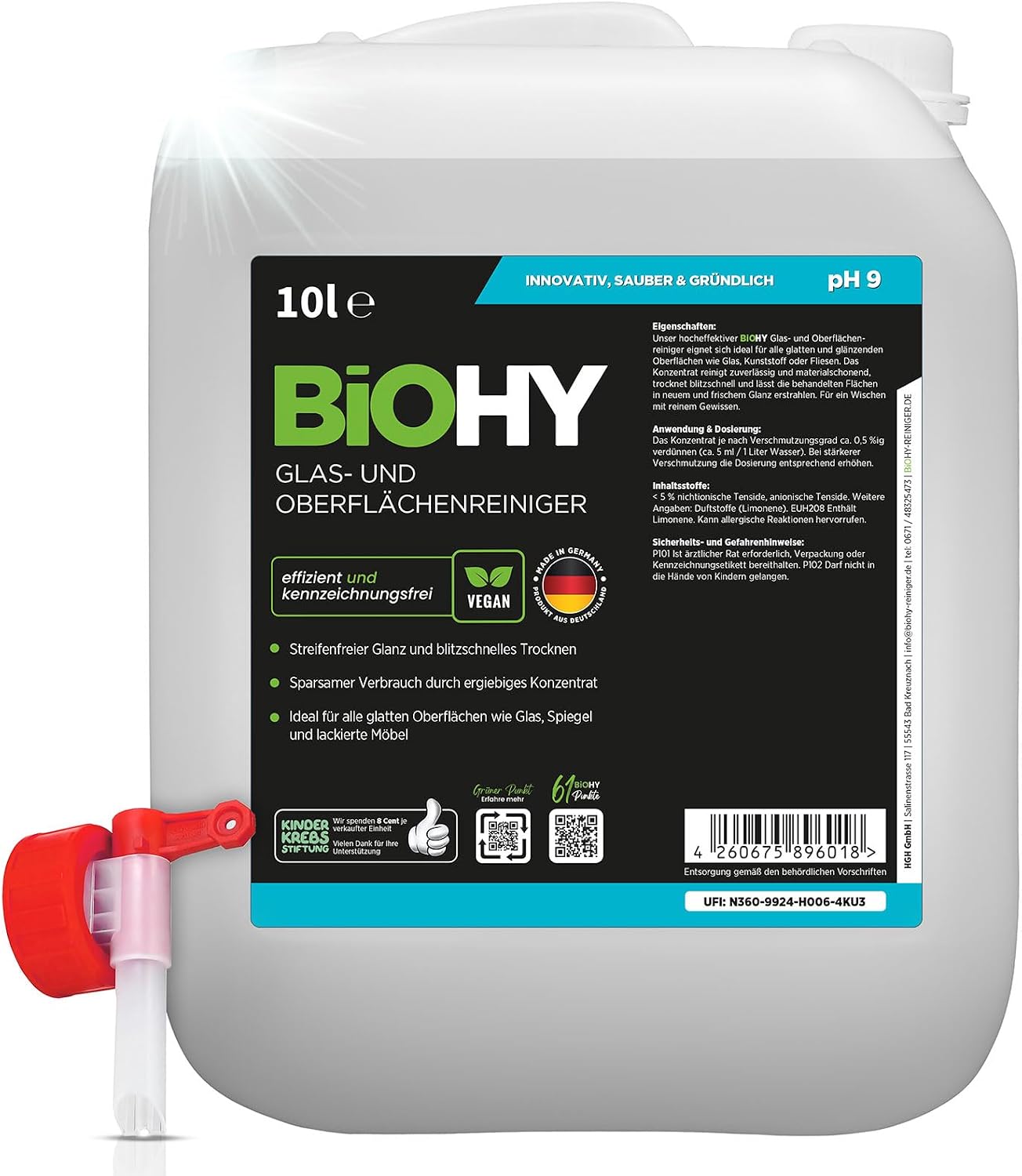Detalle de BIOHY rengöringskoncentrat 10 l för glas och ytor – snabbtorkande och veganskt