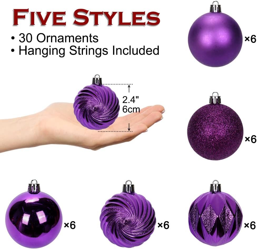 Thumbnail 1 de Oairse 6cm Purple Christmas Baubles — 30 Shatterproof Ornaments for Tree, Wreaths and More