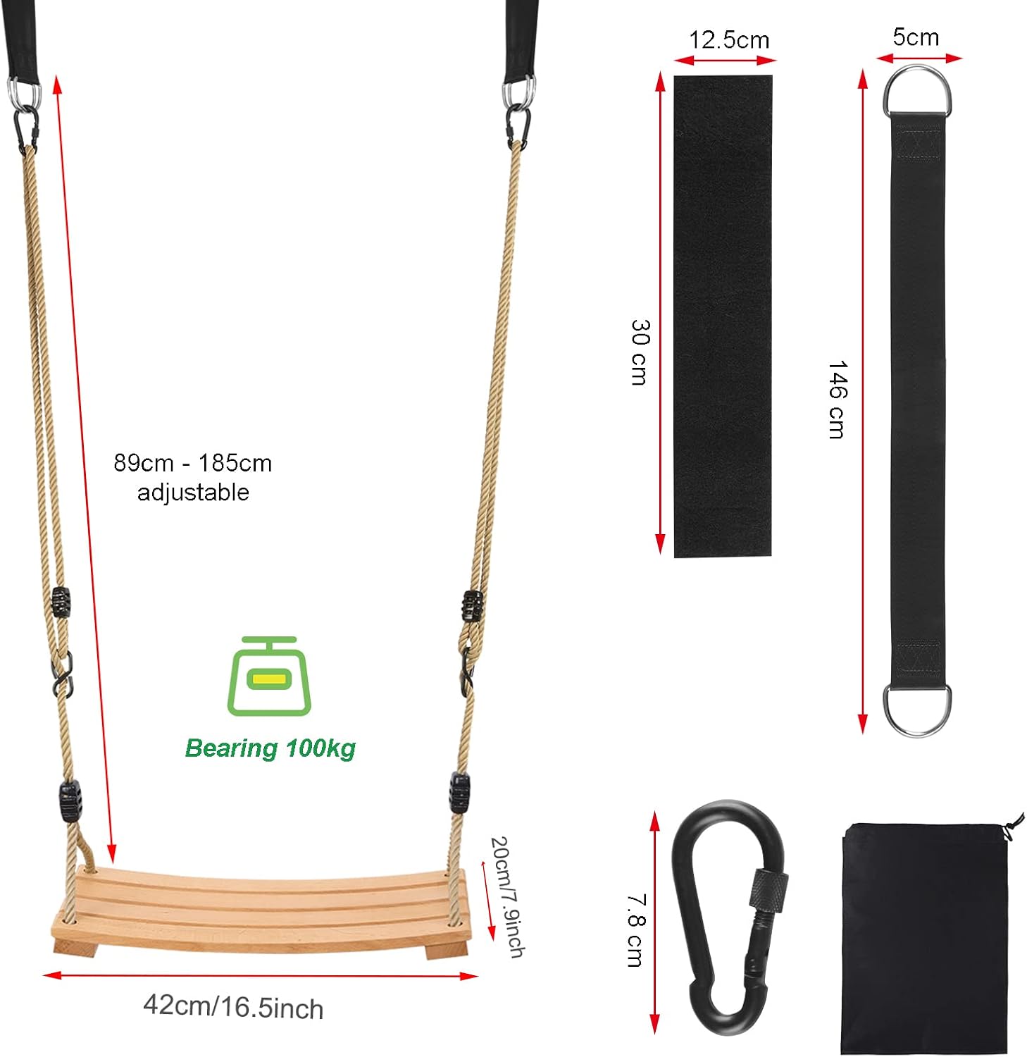 Detalle de Holzschaukel Outdoor – Buchenholz-Sitz, höhenverstellbares Seil, für Innen & Außen (bis 100 kg)