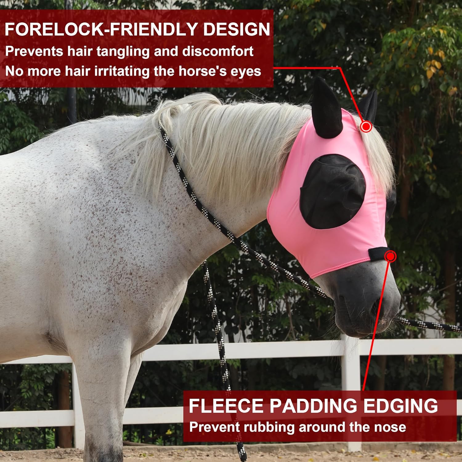 Detalle de Leberna Horse Fly Mask with Ears – Smooth, Elastic, UV Protected (Pink, Cob)