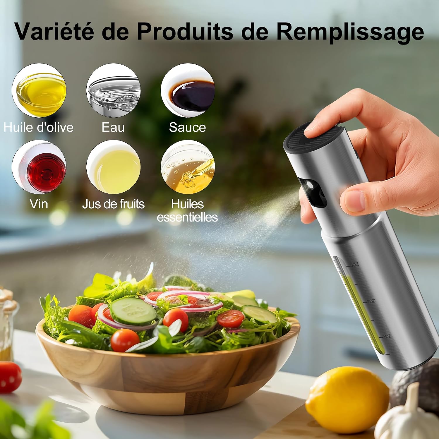 Detalle de KitchenBoss Spray Huile Cuisine Pulverisateur 100ml (2 pièces) – Inox et Verre, pulvérisation précise