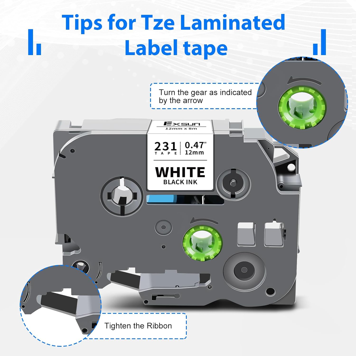 Thumbnail 2 de Lot de 10 rubans Exsun 12 mm compatible Brother P-touch TZe-231 (TZE231 / TZ231 / TZS231 / Tz231) — noir sur blanc